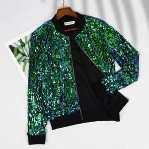 NWT Anna-Kaci Sparkling Green Zip-up Sequin Bomber Jacket - Size M